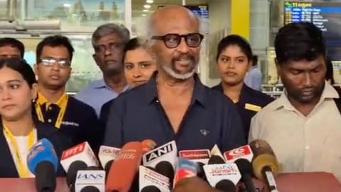 Rajinikanth interacting with the media at the Chennai airport on Wednesday