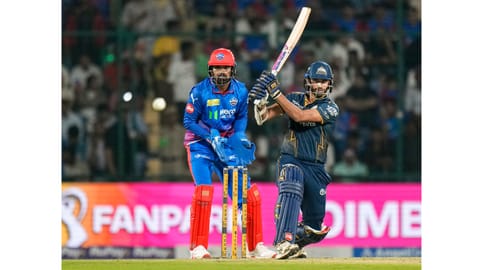 Gujarat Titans' Washington Sundar plays a shot during an Indian Premier League (IPL) 2026 T20 cricket match between Delhi Capitals and Gujarat Titans, at Arun Jaitley Stadium, in New Delhi, Wednesday, April 8, 2026 
