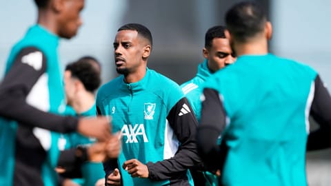 Liverpool's Alexander Isak attends a training session in Liverpool, England, Tuesday April 7, 2026. 