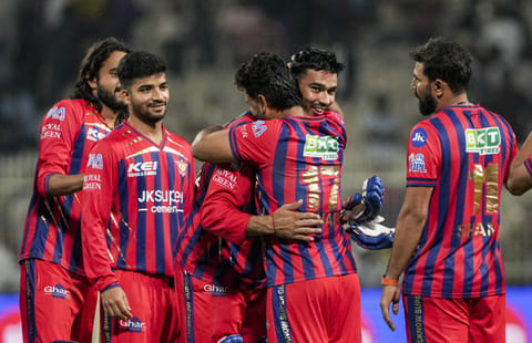 Lucknow Super Giants' Mukul Choudhary celebrates with teammates after the team's victory during an Indian Premier League (IPL) 2026 T20 cricket match between Lucknow Super Giants and Kolkata Knight Riders, at Eden Gardens, in Kolkata, Thursday, April 9, 2026.
