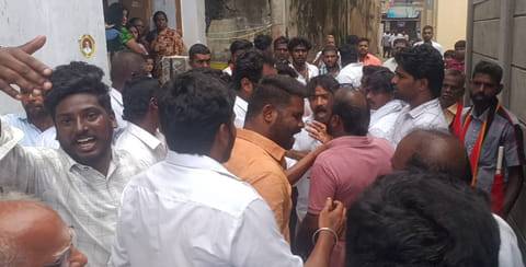 Video grab of the verbal quarrel between DMK and TVK cadre, which turned physical later