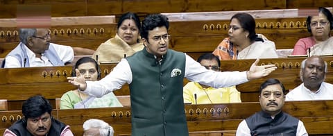 BJP MP Tejasvi Surya speaks in the Lok Sabha during the Special session of Parliament, in New Delhi, Thursday, April 16, 2026