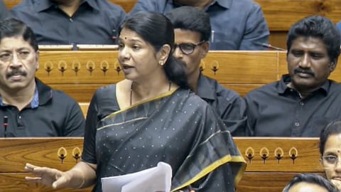 DMK MP Kanimozhi Karunanidhi speaks in the Lok Sabha during the Special session of Parliament, in New Delhi, Friday, April 17, 2026 