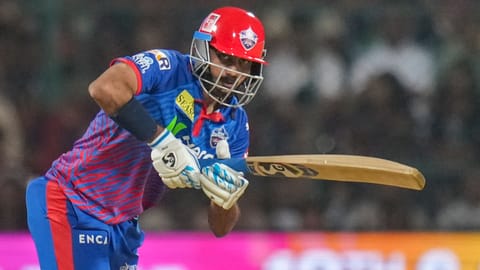 Delhi Capitals' captain Axar Patel plays a shot during the Indian Premier League (IPL) 2026 T20 cricket match between Royal Challengers Bengaluru and Delhi Capitals
