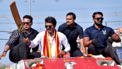 Tamilaga Vettri Kazhagam (TVK) chief Vijay during a campaign ahead of Tamil Nadu Assembly elections, in Tiruchirappalli