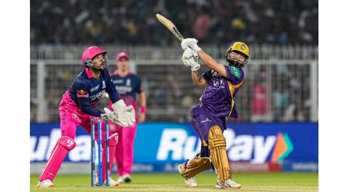 Kolkata Knight Riders' Rinku Singh, right, plays a shot during the Indian Premier League (IPL) 2026 T20 cricket match between Kolkata Knight Riders and Rajasthan Royals, at Eden Gardens in Kolkata, West Bengal, Sunday, April 19, 2026 
