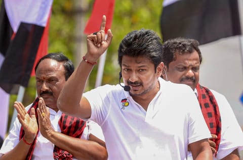 Tamil Nadu Deputy Chief Minister and DMK Youth Wing Secretary Udhayanidhi Stalin, centre, addresses an election campaign in support of party candidates for Gobichettipalayam and Anthiyur constituencies, N Nallasivam, left, and M Sivabalan, right, respectively, ahead of the state assembly elections, in Erode district