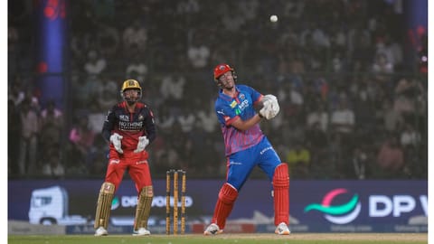 Delhi Capitals' Kyle Jamieson plays a shot during the Indian Premier League (IPL) T20 cricket match between Delhi Capitals and Royal Challengers Bengaluru, in New Delhi, Monday, April 27, 2026 