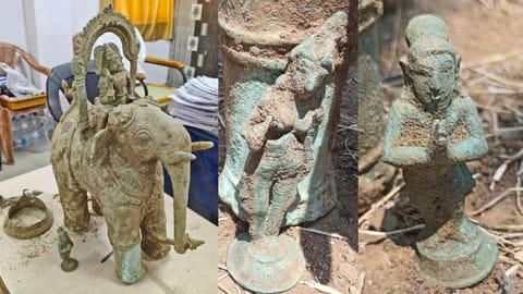 The panchaloha idols unearthed from a paddy field in Thanjavur on Thursday