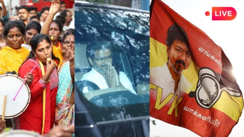 TVK supporters in Chennai blow the whistle as the newest electoral entrant marches towards victory in the state on May 4, 2026; Vijay greets people as he goes to collect his victory certificate for Perambur; a TVK flag flies in the wind. 