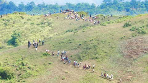 Devotees trek through the reserve forest to reach the shrine (inset)