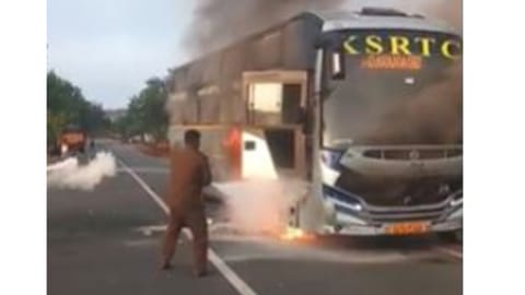 A KSRTC bus engulfed in fire on the Karnataka State Highway