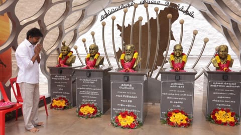 Vijay, president of Tamilaga Vettri Kazhagam (TVK), on Tuesday paid floral tributes at the party headquarters in Panaiyur