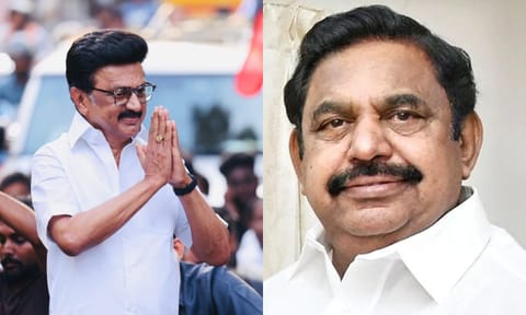 (L-R); ; DMK president MK Stalin;AIADMK leader Edappadi Palanisamy