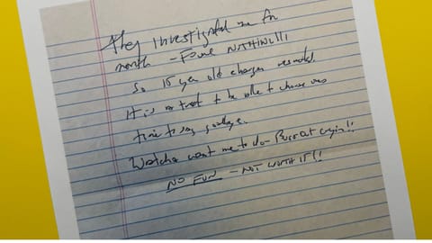 This document released May 6, 2026, by the U.S. District Court for the Southern District of New York, shows a note that Jeffrey Epstein’s former cellmate said he found after Epstein’s reported suicide attempt on July 23, 2019.