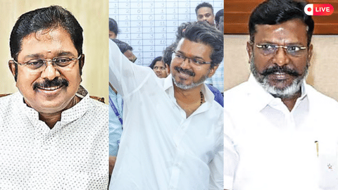 (L-R) TTV Dhinakaran, Vijay, Thol Thirumavalavan