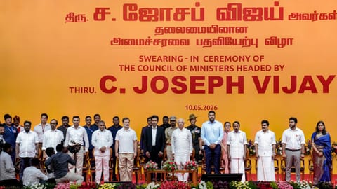 Tamil Nadu Governor Rajendra Arlekar along with Congress MP and Lok Sabha LoP Rahul Gandhi, newly-elected state Chief Minister and Tamilaga Vettri Kazhagam (TVK) chief C Joseph Vijay, Cabinet Ministers and others during the swearing-in ceremony, at Jawaharlal Nehru Stadium, in Chennai, Sunday, May 9, 2026