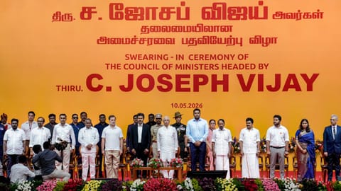Tamil Nadu Governor Rajendra Arlekar along with Congress MP and Lok Sabha LoP Rahul Gandhi, newly-elected state Chief Minister and Tamilaga Vettri Kazhagam (TVK) chief C Joseph Vijay, Cabinet Ministers and others during the swearing-in ceremony, at Jawaharlal Nehru Stadium, in Chennai, Sunday, May 9, 2026