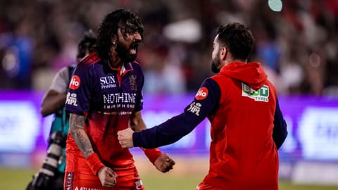 Royal Challengers Bengaluru's Virat Kohli, right, with Krunal Pandya celebrates after winning the Indian Premier League (IPL) 2026 T20 cricket match between Royal Challengers Bengaluru and Mumbai Indians, in Raipur
