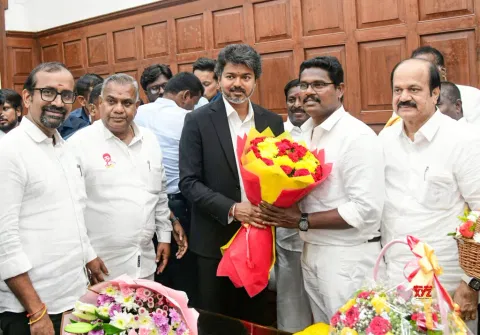 Tamil Nadu Chief Minister C. Joseph Vijay felicitates newly elected Tamil Nadu Legislative Assembly Deputy Speaker M. Ravi Shankar during the Assembly session in Chennai on Tuesday, May 12, 2026.