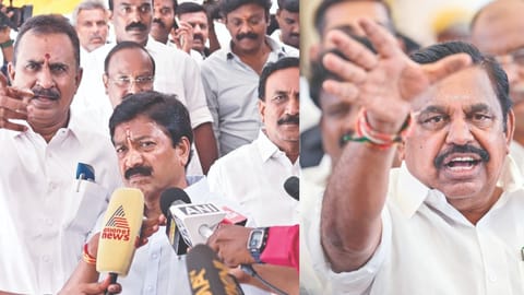 Rebel faction leaders SP Velumani and C Ve Shanmugam, after the trust vote on May 13 (L), ADIADMK general secretary Edappadi K Palaniswami (R)