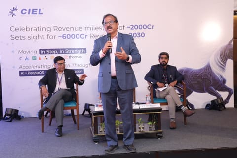 Mr. K Pandiarajan, Executive Chairperson, CIEL HR Group addressing the media