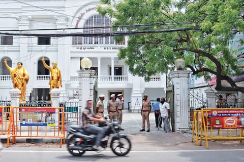 Police personnel standing guard to the AIADMK headquarters
in Chennai on Thursday