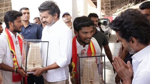 Srirangam TVK MLA S Ramesh with Chief Minister and party chief C Joseph Vijay (file photo)
