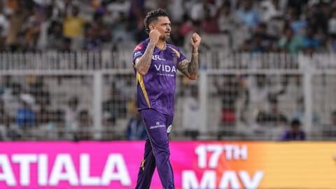 Kolkata Knight Riders' Sunil Narine celebrates the wicket of Gujarat Titans' captain Shubman Gill during an Indian Premier League (IPL) 2026