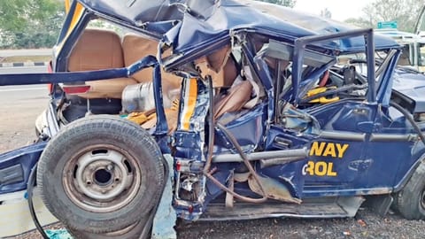 Mangled remains of police patrol vehicle after an accident on
Tiruchy-Chennai National Highway on May 16