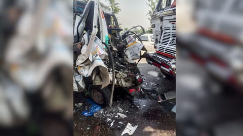 Damaged remains of vehicles after a collision between a van and a truck on the Sisaiya-Lakhimpur national highway, in Lakhimpur, Uttar Pradesh. At least eight people were killed and two others were critically injured in the incident.