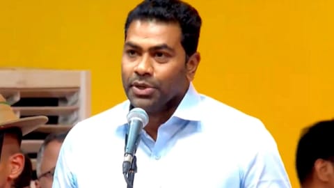 TVK leader Aadhav Arjuna takes oath as the Tamil Nadu Cabinet Minister during the swearing-in ceremony, at Jawaharlal Nehru Stadium,