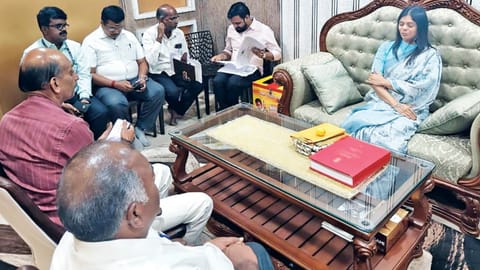 Kavundampalayam TVK MLA Kanimozhi Santhosh interacting with Health Department officials at her personal office in Coimbatore