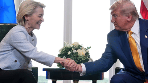 President Donald Trump and European Commission President Ursula von der Leyen shake hands afterreaching a trade deal at the Trump Turnberry golf course in Turnberry, Scotland, on July 27, 2025. (AP Photo/Jacquelyn
Martin, File) 