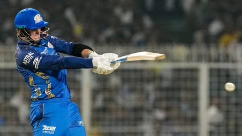 Mumbai Indians' Corbin Bosch plays a shot during the Indian Premier League (IPL) 2026 T20 cricket match between Kolkata Knight Riders and Mumbai Indians, in Kolkata, West Bengal, Wednesday, May 20, 2026