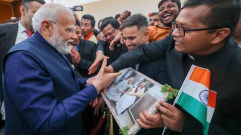 Prime Minister Narendra Modi being welcomed by members of the Indian diaspora and others upon his arrival, in Rome, Italy
