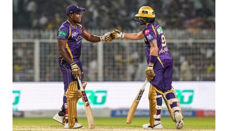 Kolkata Knight Riders' Manish Pandey, right, and Rovman Powell during the Indian Premier League (IPL) 2026 T20 cricket match between Kolkata Knight Riders and Mumbai Indians, in Kolkata, West Bengal, Wednesday, May 20, 2026