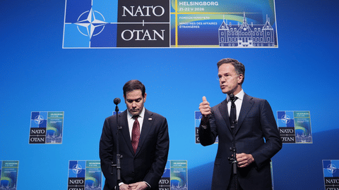 United States Secretary of State Marco Rubio, left, and NATO Secretary General Mark Rutte deliver a statement during a meeting of NATO foreign ministers in Helsingborg, Sweden