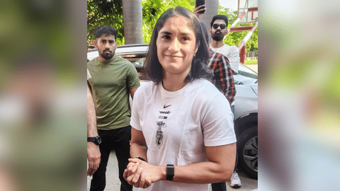 Wrestler Vinesh Phogat arrives at the venue of the National Open Ranking Wrestling Tournament amid a row over her eligibility and the Wrestling Federation of India's show-cause notice, in Gonda, Uttar Pradesh, Monday, May 11, 2026'