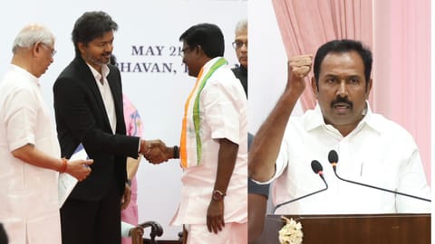 Congress leaders P Viswanathan and (right) S  Rajesh Kumar during Thursday’s swearing-in