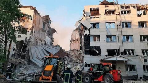 This photo released by Moscow-appointed head of Russian-controlled Luhansk region Leonid Pasechnik Telegram channel on Friday, May 22, 2026, shows dormitory of a university college building damaged by Ukrainian drones in Starobilsk, Ukraine.