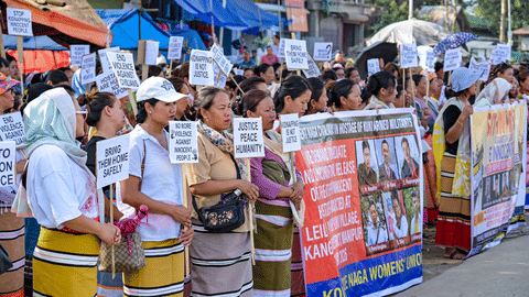 Women take part in a protest demanding the safe release of six missing Naga civilians, allegedly abducted by suspected armed militants following an ambush in Kangpokpi district on May 13, at Kanglatongbi village, in Imphal West district of Manipur, Wednesday, May 20, 2026