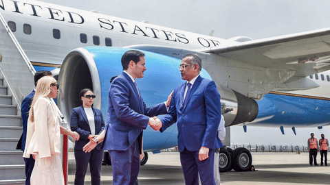 US Secretary of State Marco Rubio being welcomed upon his arrival, in New Delhi
