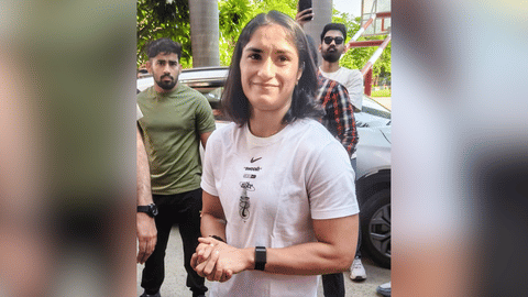 Wrestler Vinesh Phogat arrives at the venue of the National Open Ranking Wrestling Tournament amid a row over her eligibility and the Wrestling Federation of India's show-cause notice, in Gonda, Uttar Pradesh, Monday, May 11, 2026.