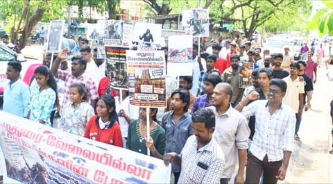 A rally was held by a few student organisations from Tamukkam Ground in Madurai to the Gandhi Museum under the title “Procession of Unemployed Cockroaches.”