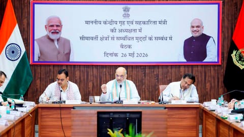Union Home Minister Amit Shah, centre, during a review meeting on border security and trans-border crimes concerning Rajasthan's districts along the Indo-Pakistan border