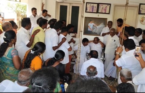 AIADMK party workers and public interact with former minister C Vijayabaskar at his residence in Illuppur on Thursday