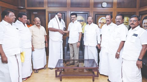 VNP Venkataraman, former AIADMK MLA from Alandur constituency, joined DMK at Anna Arivalayam on Thursday