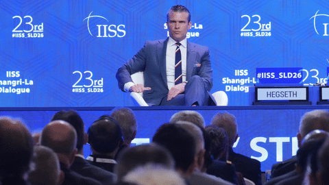 U.S. Defense Secretary Pete Hegseth listens to a question during the Shangri-La Dialogue, Asia’s annual defense and security forum, in Singapore, Saturday, May 30, 2026.