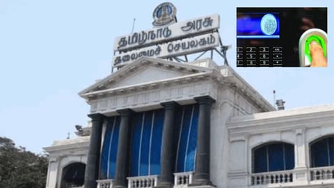 Tamil Nadu Secretariat, (inset) Representative image of biometric login
